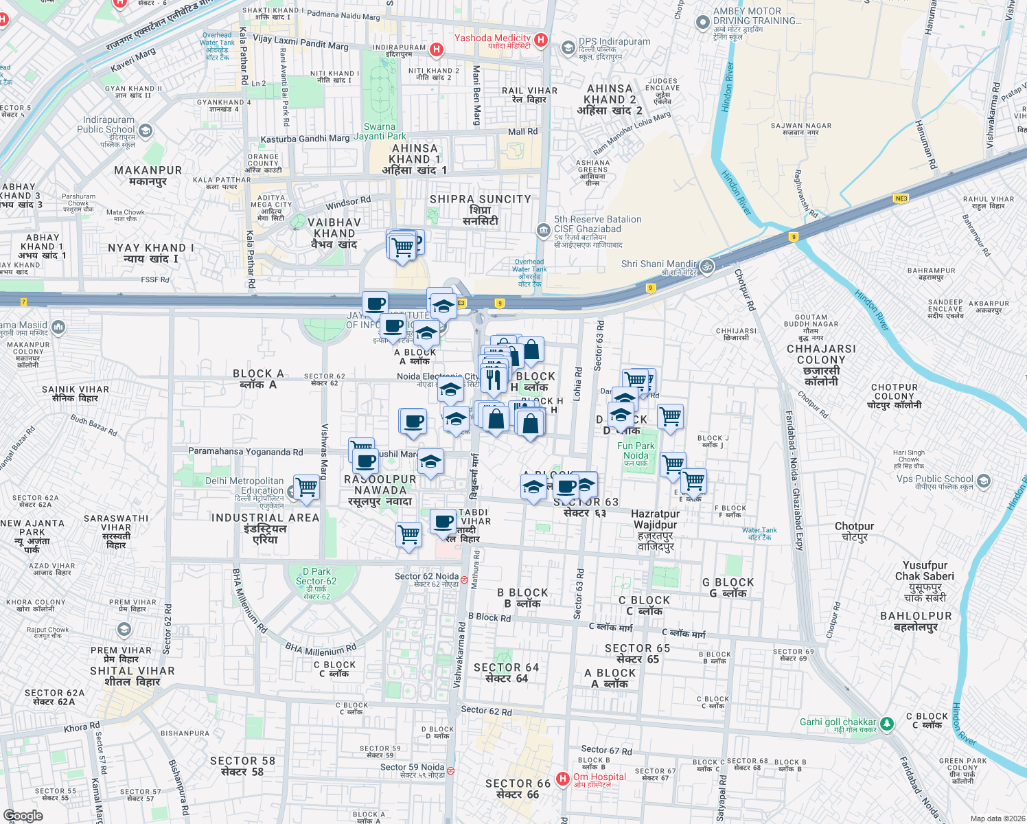 map of restaurants, bars, coffee shops, grocery stores, and more near in Noida