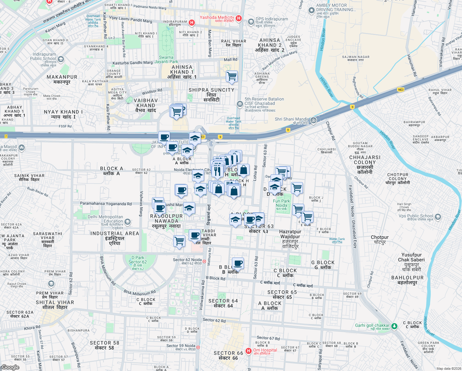 map of restaurants, bars, coffee shops, grocery stores, and more near H-107 Sector 63 Road in Noida