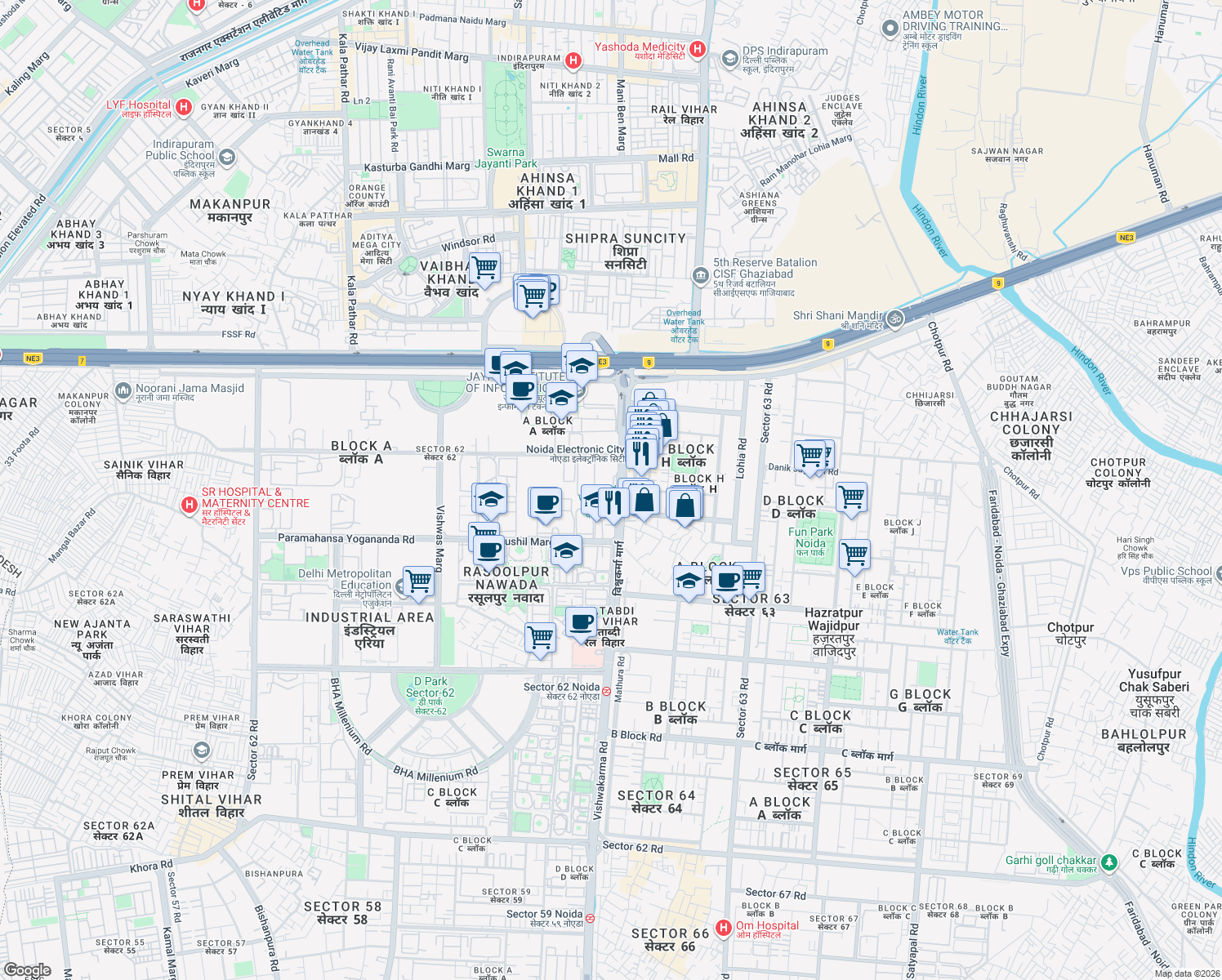 map of restaurants, bars, coffee shops, grocery stores, and more near in Noida