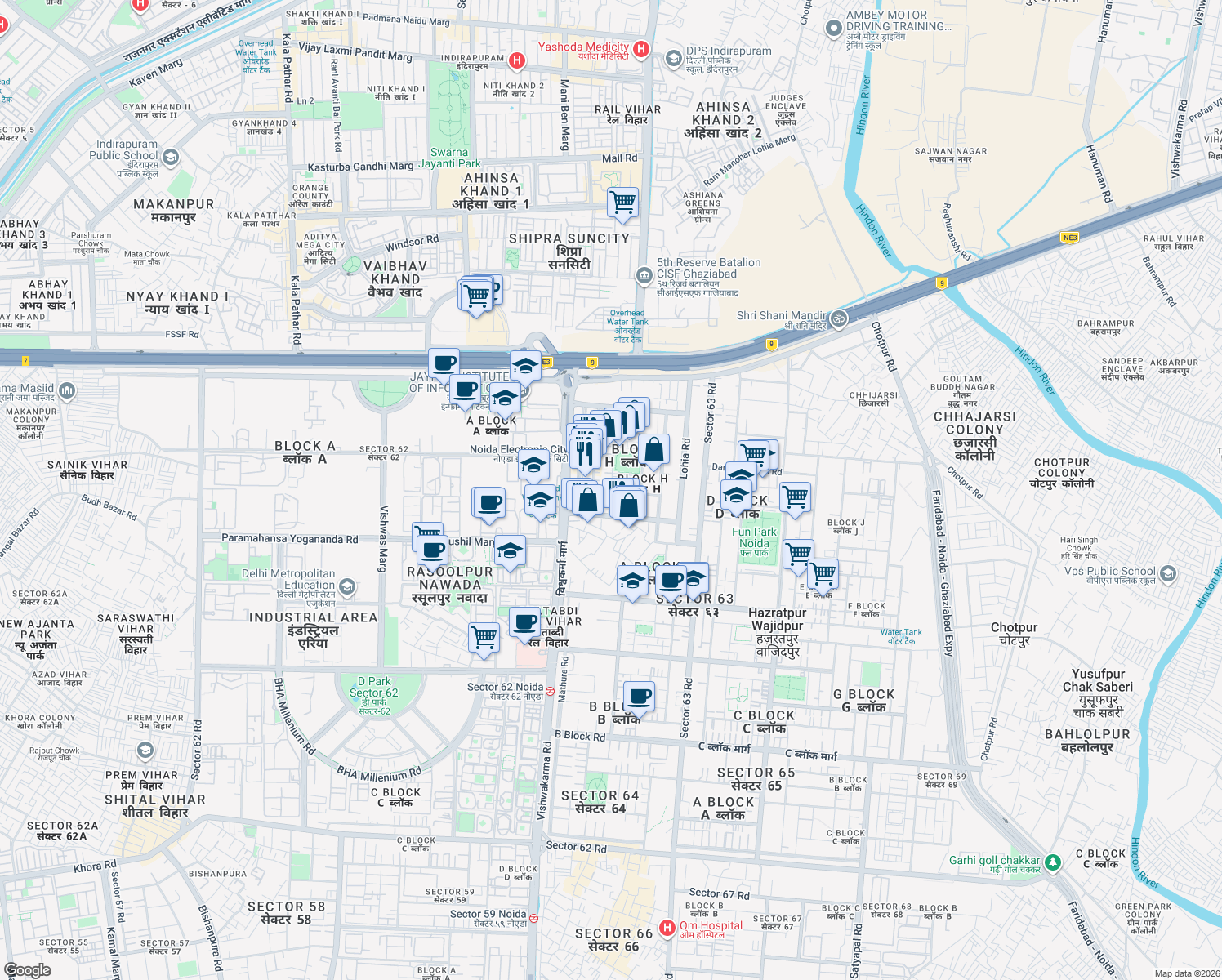 map of restaurants, bars, coffee shops, grocery stores, and more near H-107 Sector 63 Road in Noida