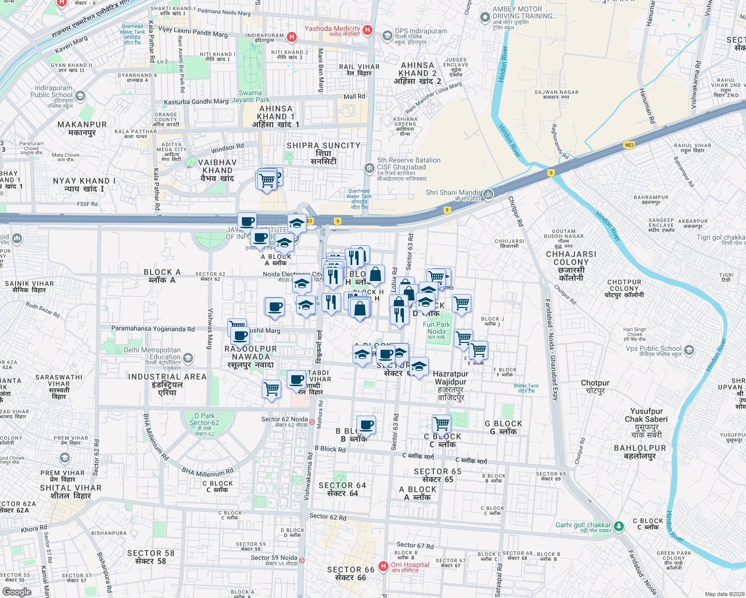 map of restaurants, bars, coffee shops, grocery stores, and more near D - 49 Lohia Road in New Okhla Industrial Development Area