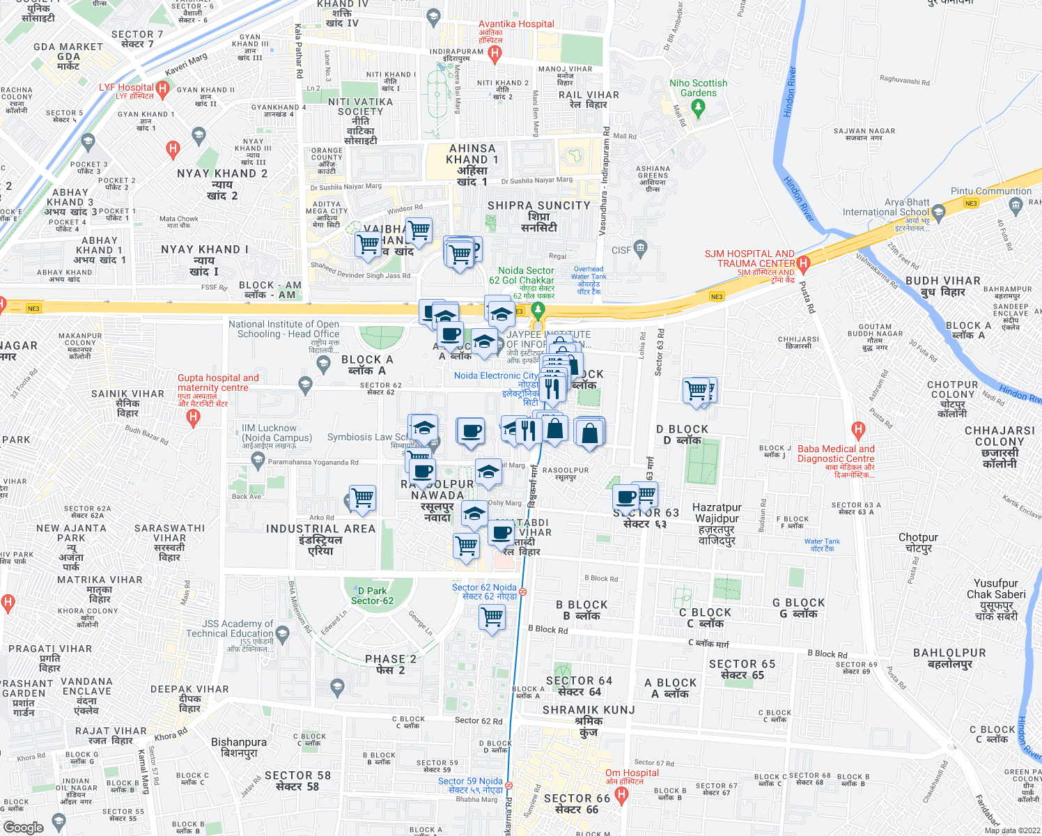 map of restaurants, bars, coffee shops, grocery stores, and more near in Noida