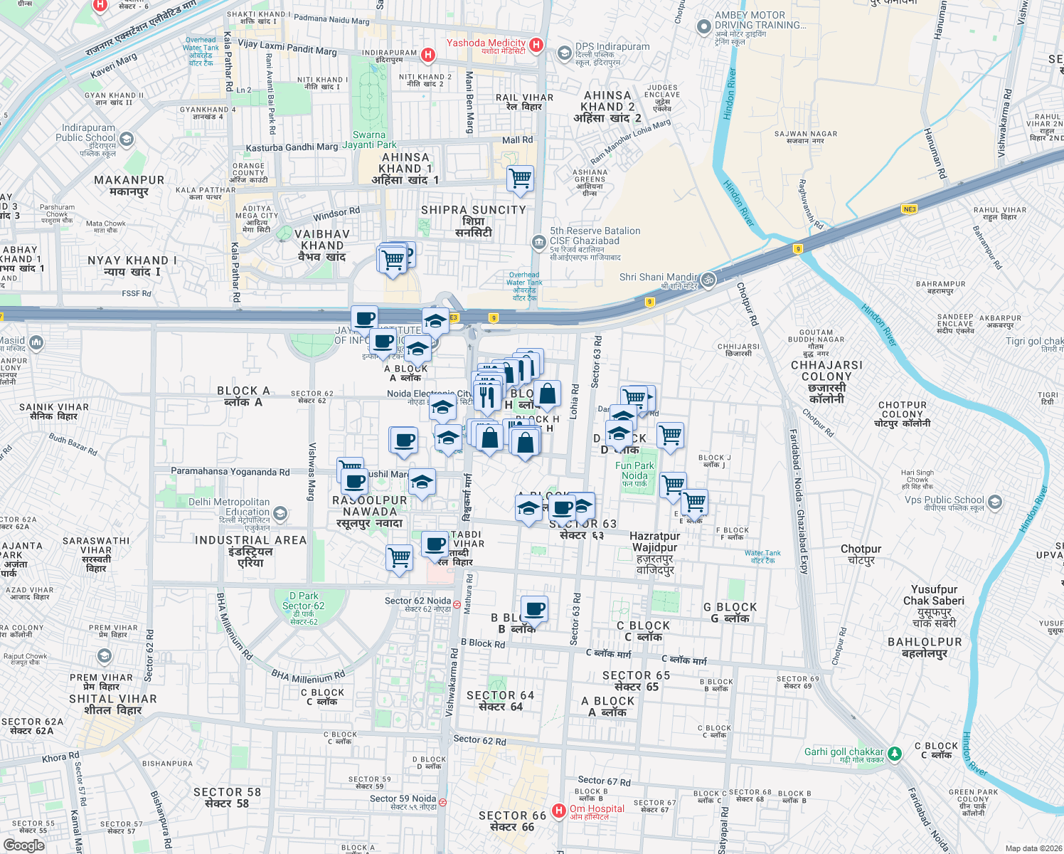 map of restaurants, bars, coffee shops, grocery stores, and more near H-107 Sector 63 Road in Noida