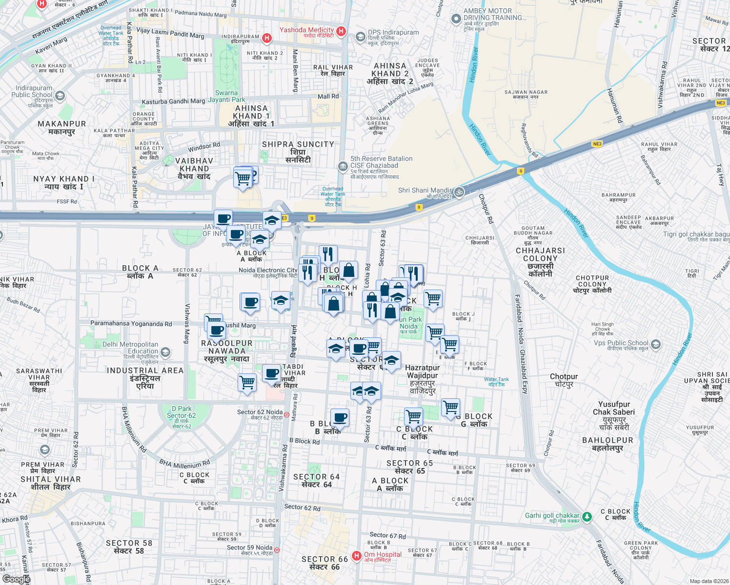 map of restaurants, bars, coffee shops, grocery stores, and more near Lohia Road in New Okhla Industrial Development Area