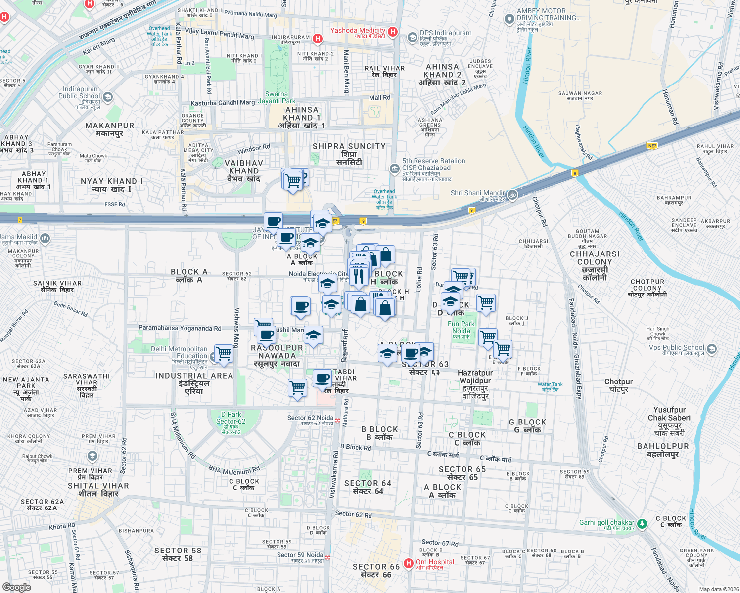 map of restaurants, bars, coffee shops, grocery stores, and more near in Noida