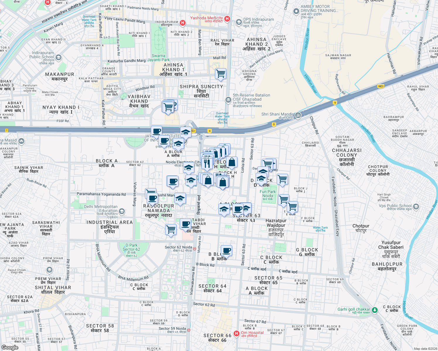 map of restaurants, bars, coffee shops, grocery stores, and more near H-107 Sector 63 Road in Noida