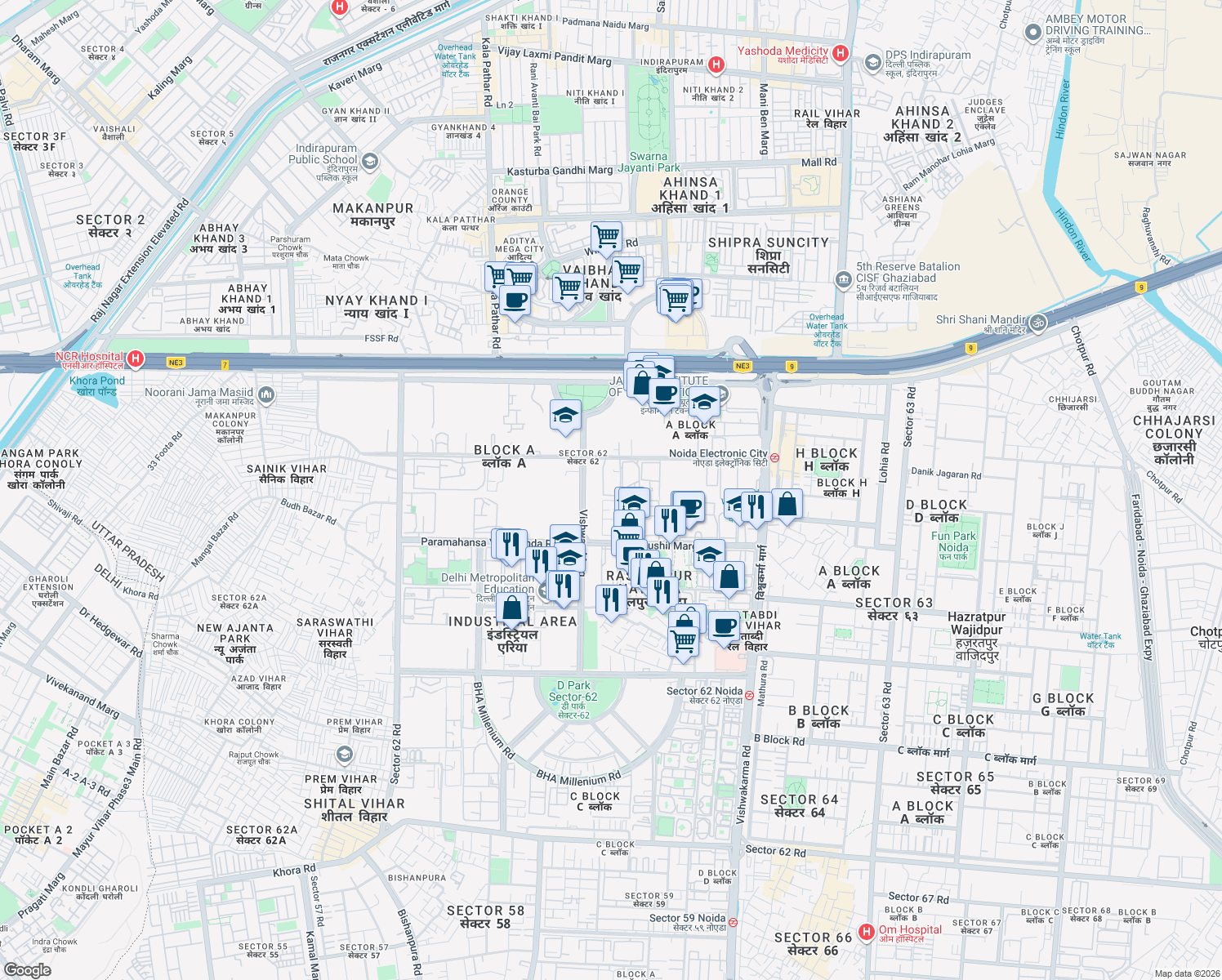 map of restaurants, bars, coffee shops, grocery stores, and more near in Noida