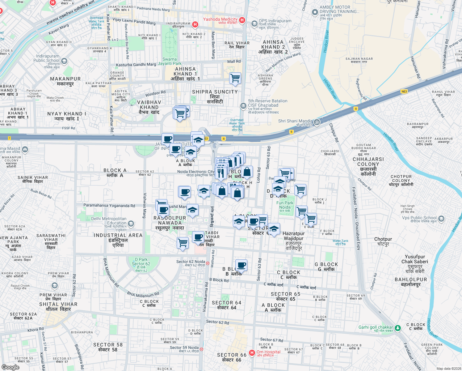 map of restaurants, bars, coffee shops, grocery stores, and more near H-107 Sector 63 Road in Noida