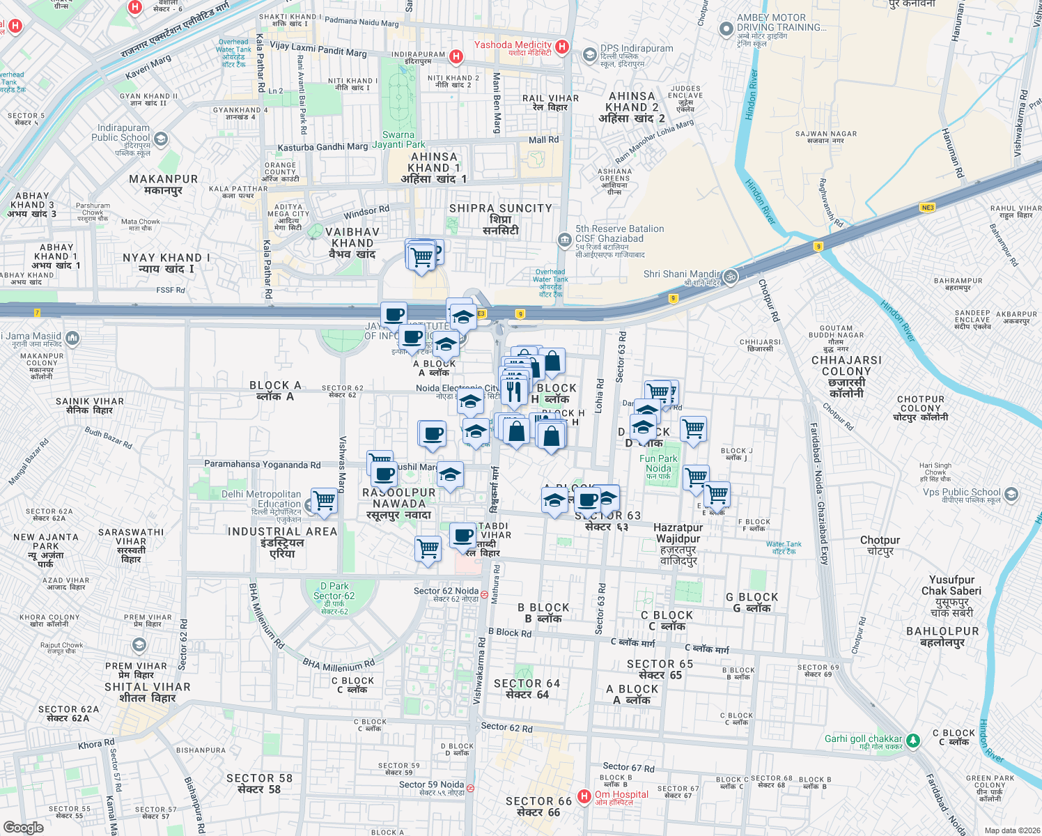 map of restaurants, bars, coffee shops, grocery stores, and more near in Noida
