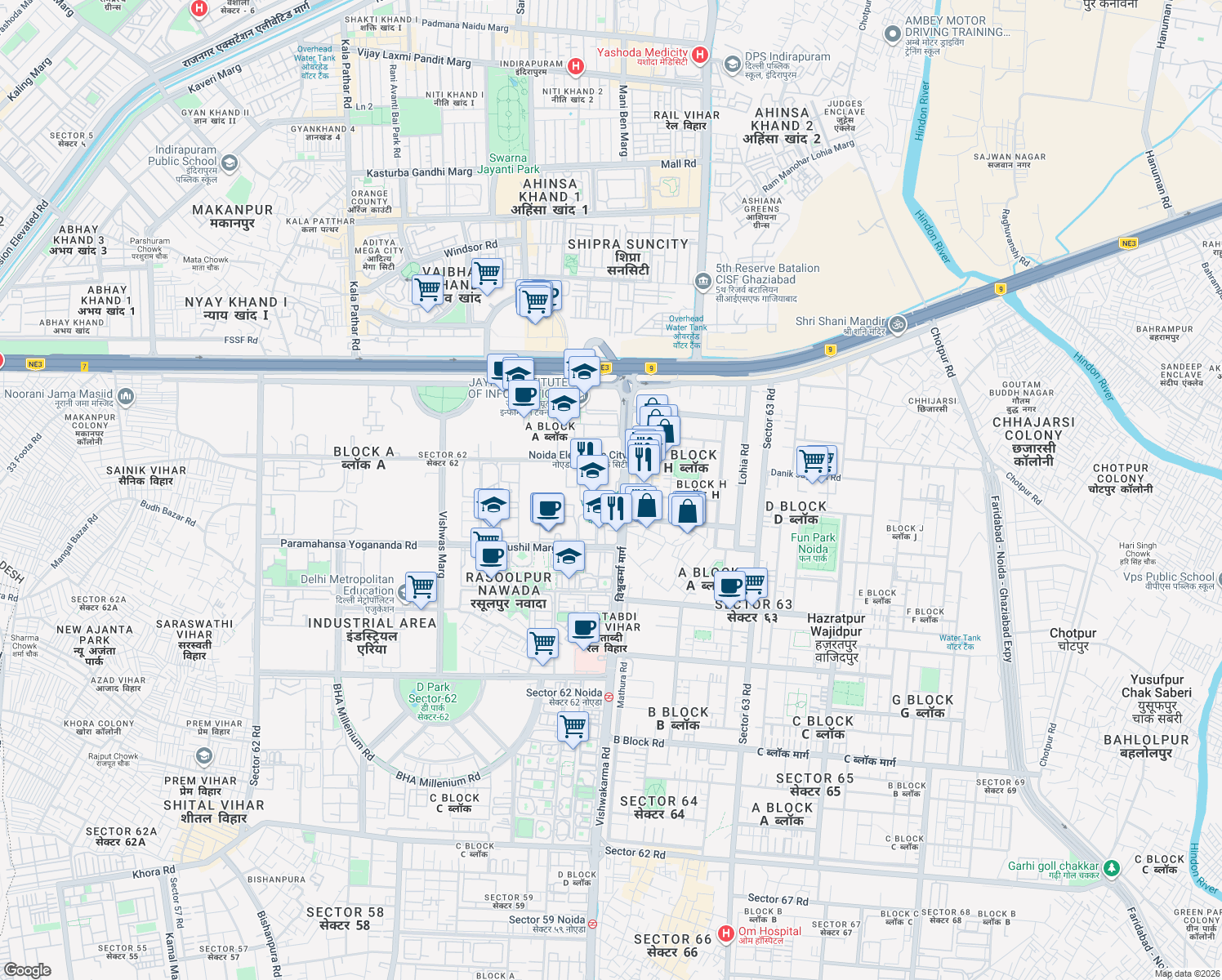 map of restaurants, bars, coffee shops, grocery stores, and more near in Noida