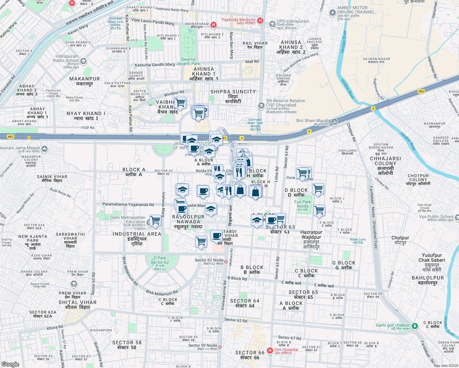 map of restaurants, bars, coffee shops, grocery stores, and more near in Noida