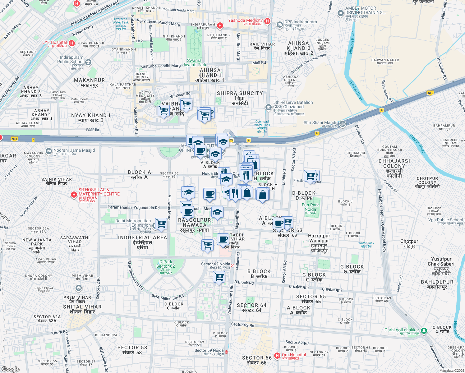 map of restaurants, bars, coffee shops, grocery stores, and more near in Noida