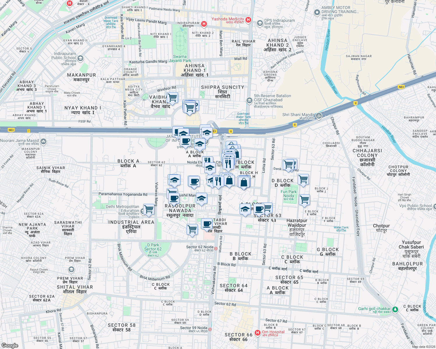 map of restaurants, bars, coffee shops, grocery stores, and more near in Noida