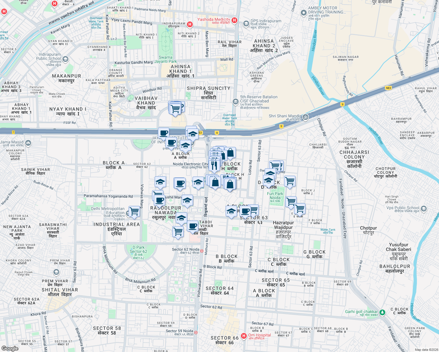 map of restaurants, bars, coffee shops, grocery stores, and more near in Noida
