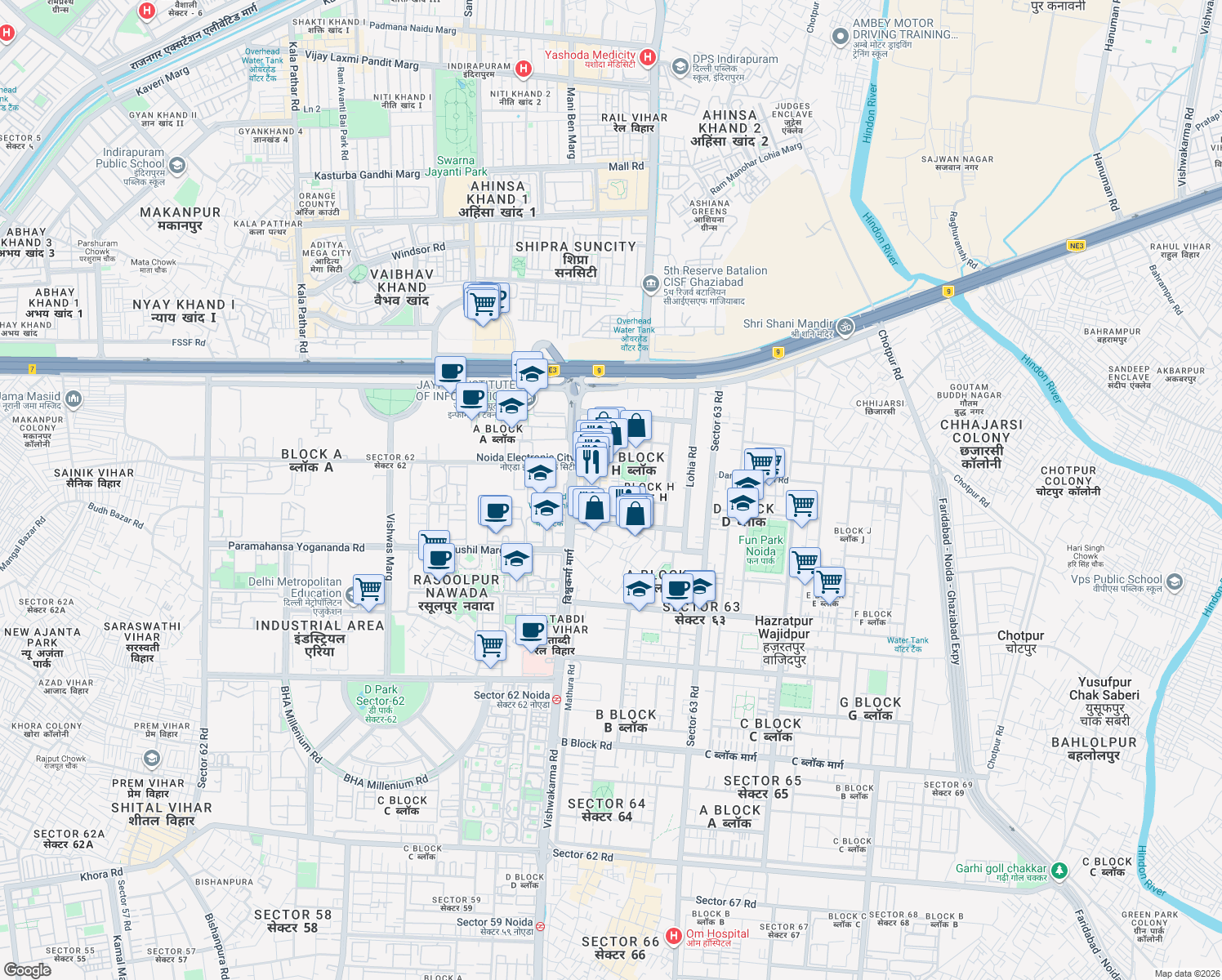 map of restaurants, bars, coffee shops, grocery stores, and more near in Noida