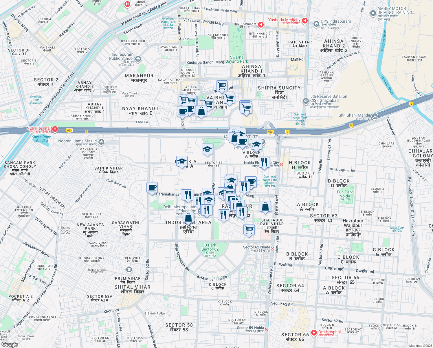 map of restaurants, bars, coffee shops, grocery stores, and more near Vishwas Marg in Noida