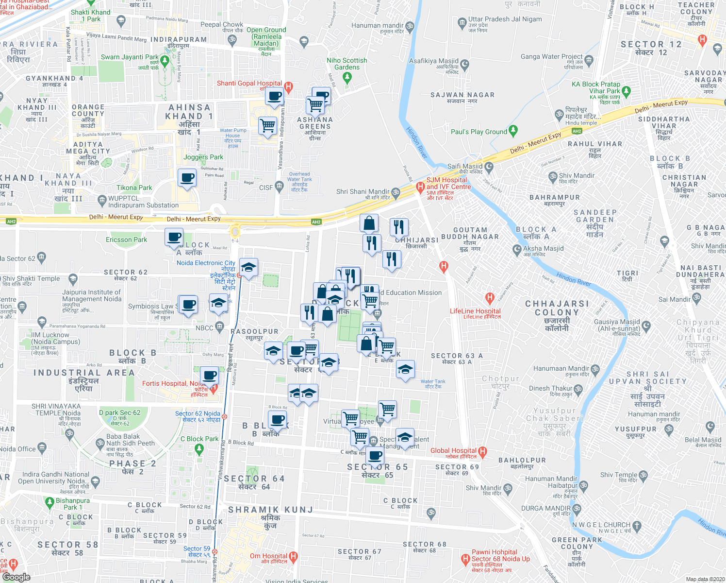 map of restaurants, bars, coffee shops, grocery stores, and more near in Noida