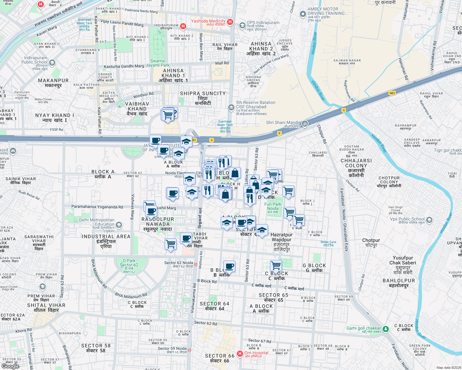 map of restaurants, bars, coffee shops, grocery stores, and more near in Noida