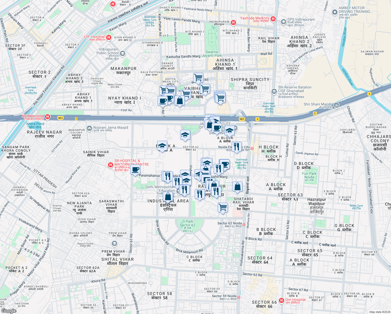 map of restaurants, bars, coffee shops, grocery stores, and more near Vishwas Marg in Noida