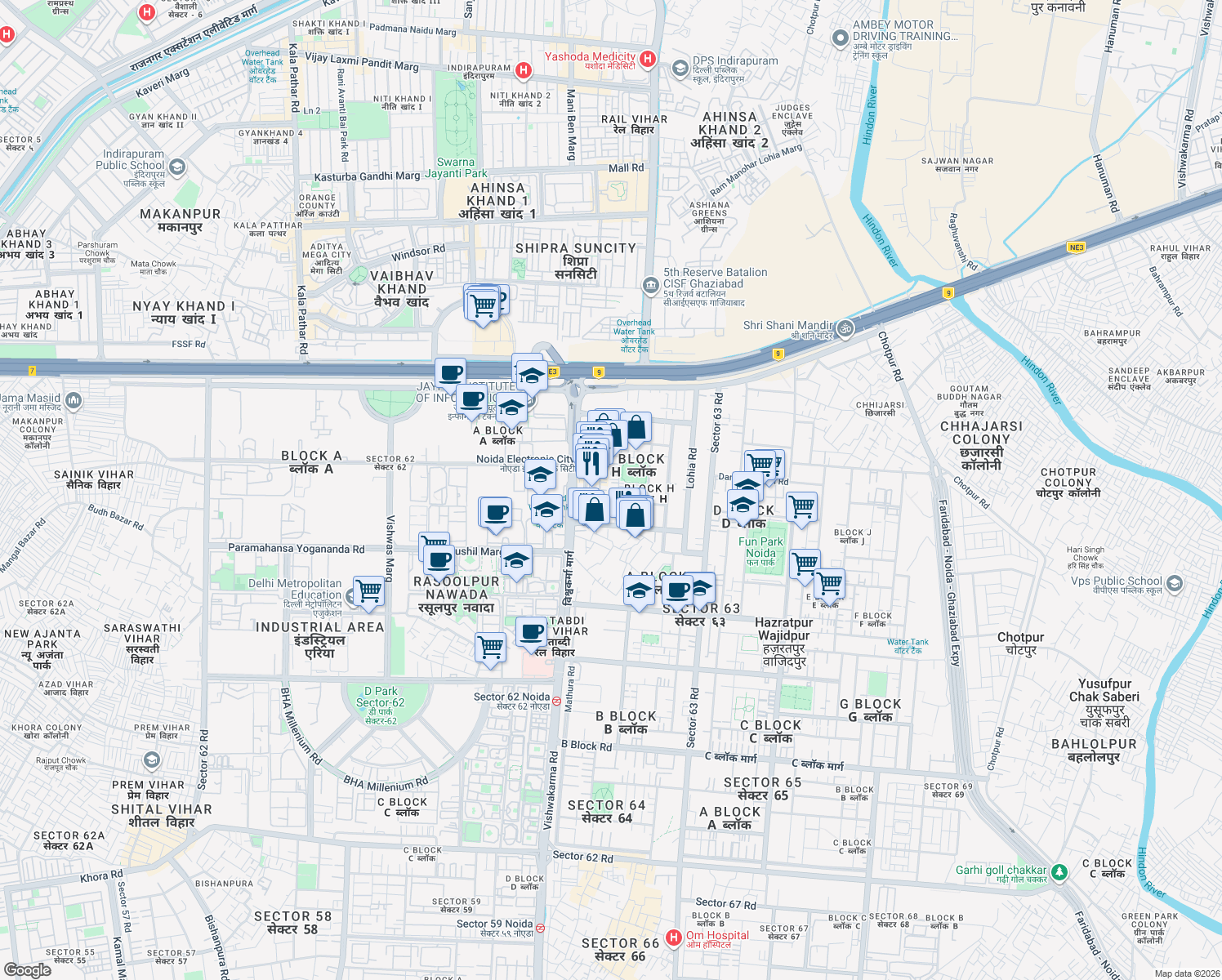 map of restaurants, bars, coffee shops, grocery stores, and more near in Noida