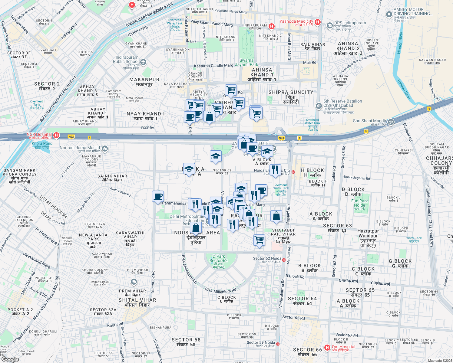 map of restaurants, bars, coffee shops, grocery stores, and more near Vishwas Marg in Noida