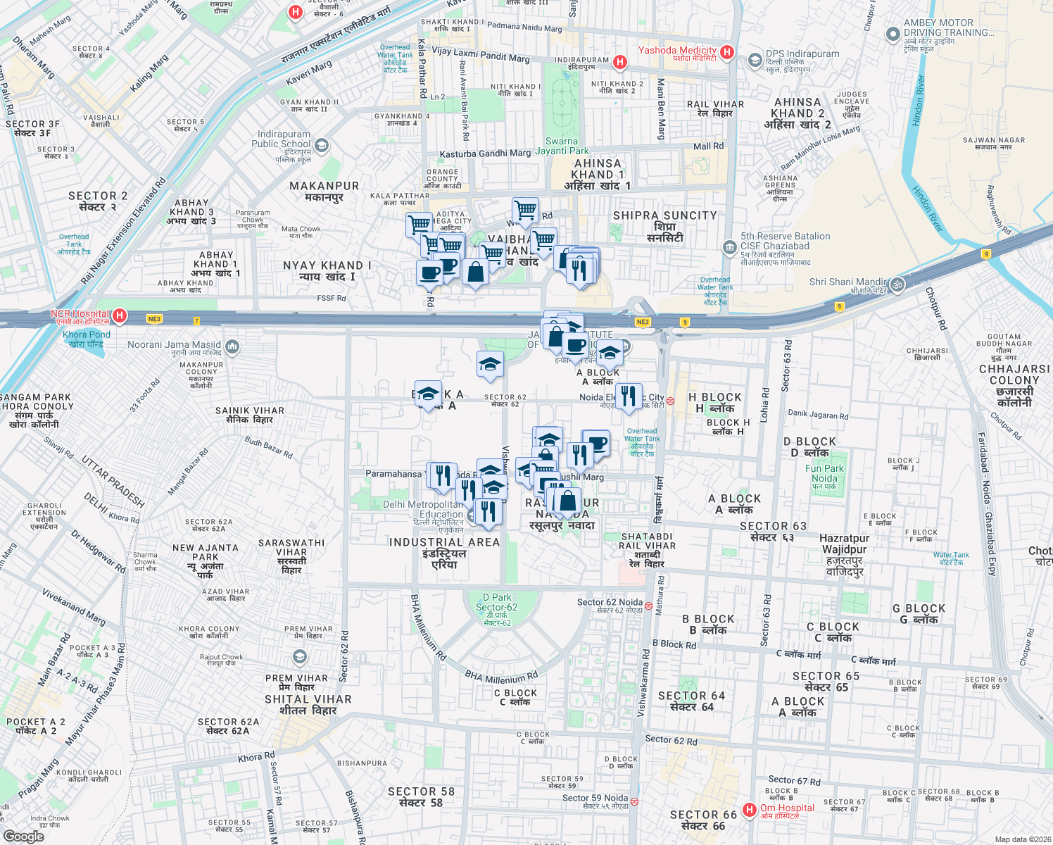map of restaurants, bars, coffee shops, grocery stores, and more near in Noida