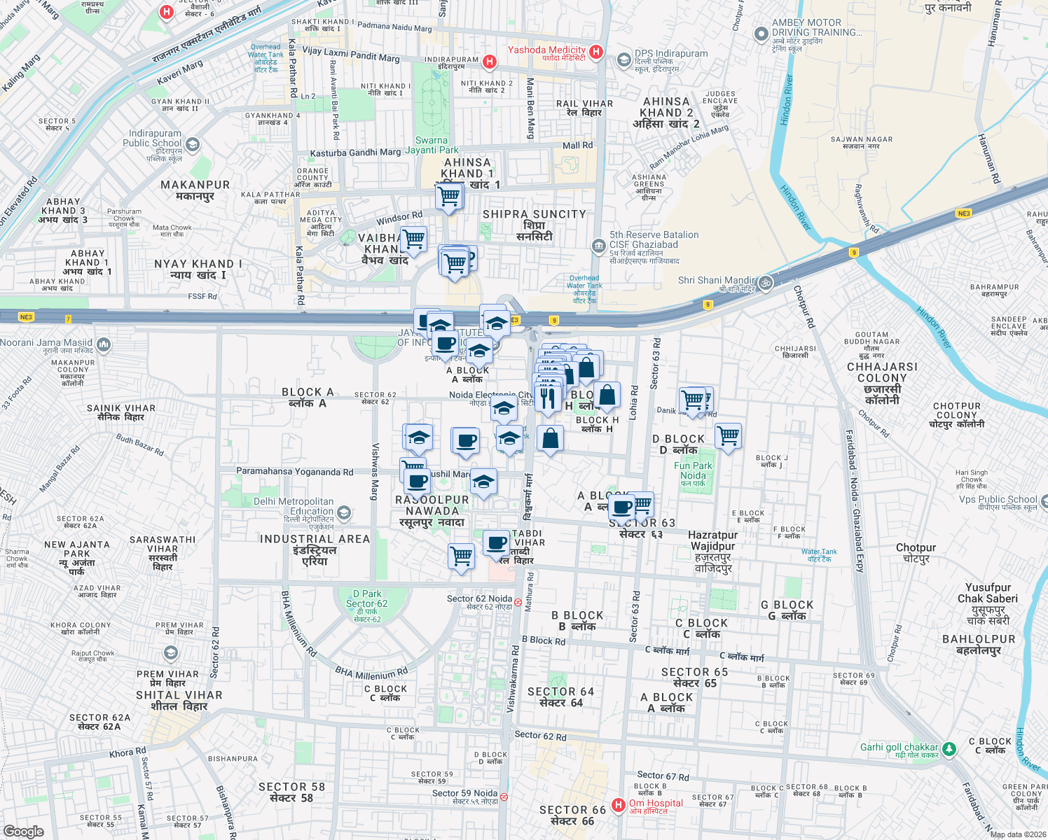 map of restaurants, bars, coffee shops, grocery stores, and more near in Noida