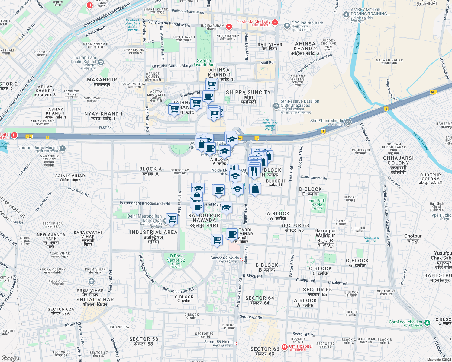 map of restaurants, bars, coffee shops, grocery stores, and more near in Noida