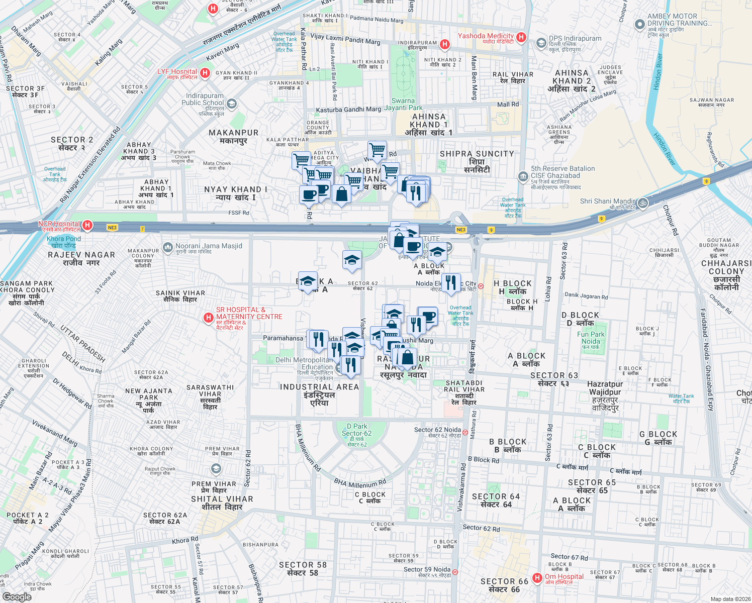 map of restaurants, bars, coffee shops, grocery stores, and more near in Noida