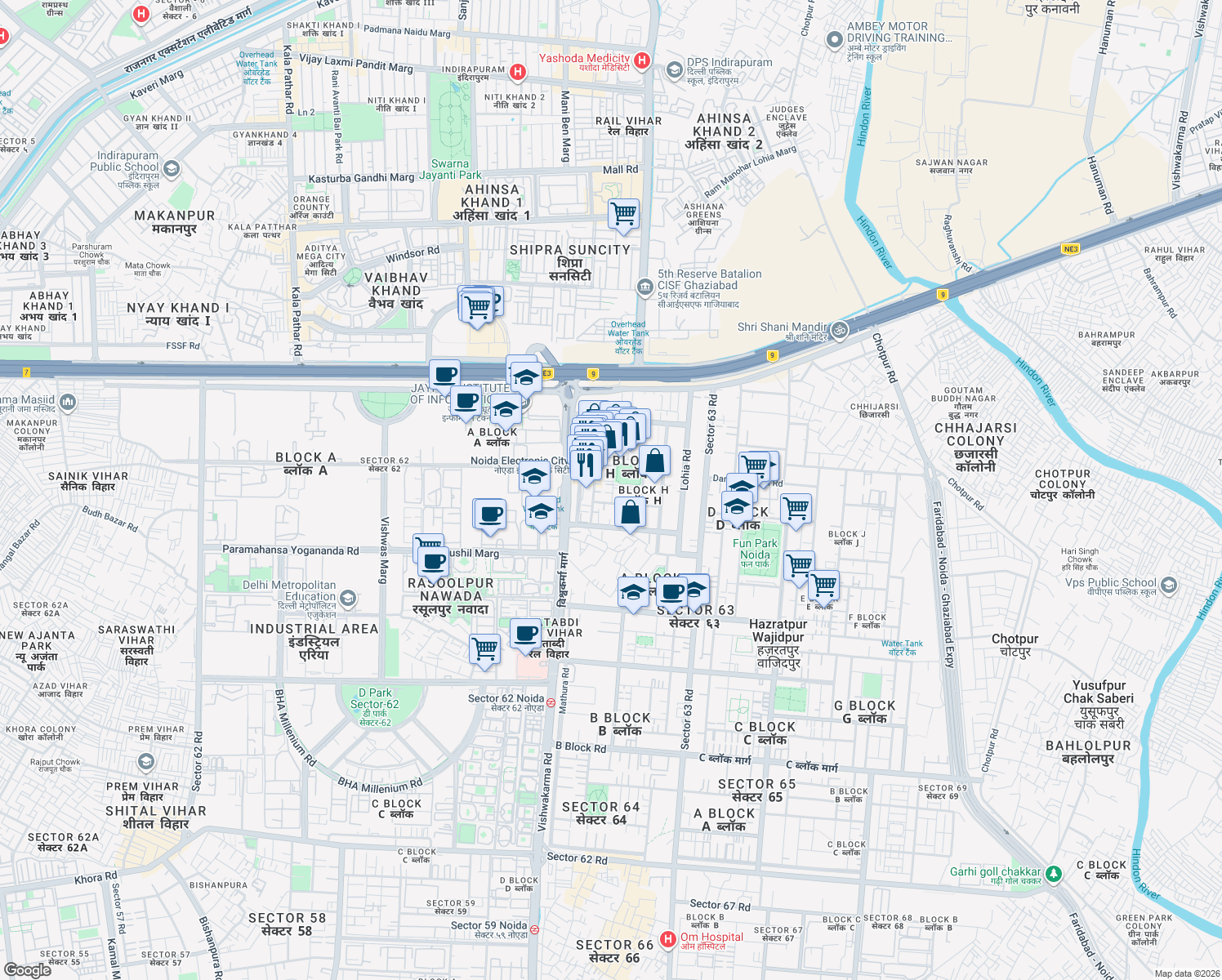map of restaurants, bars, coffee shops, grocery stores, and more near Unnamed Road in Noida