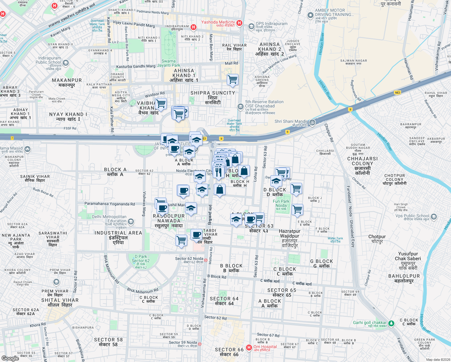 map of restaurants, bars, coffee shops, grocery stores, and more near in Noida