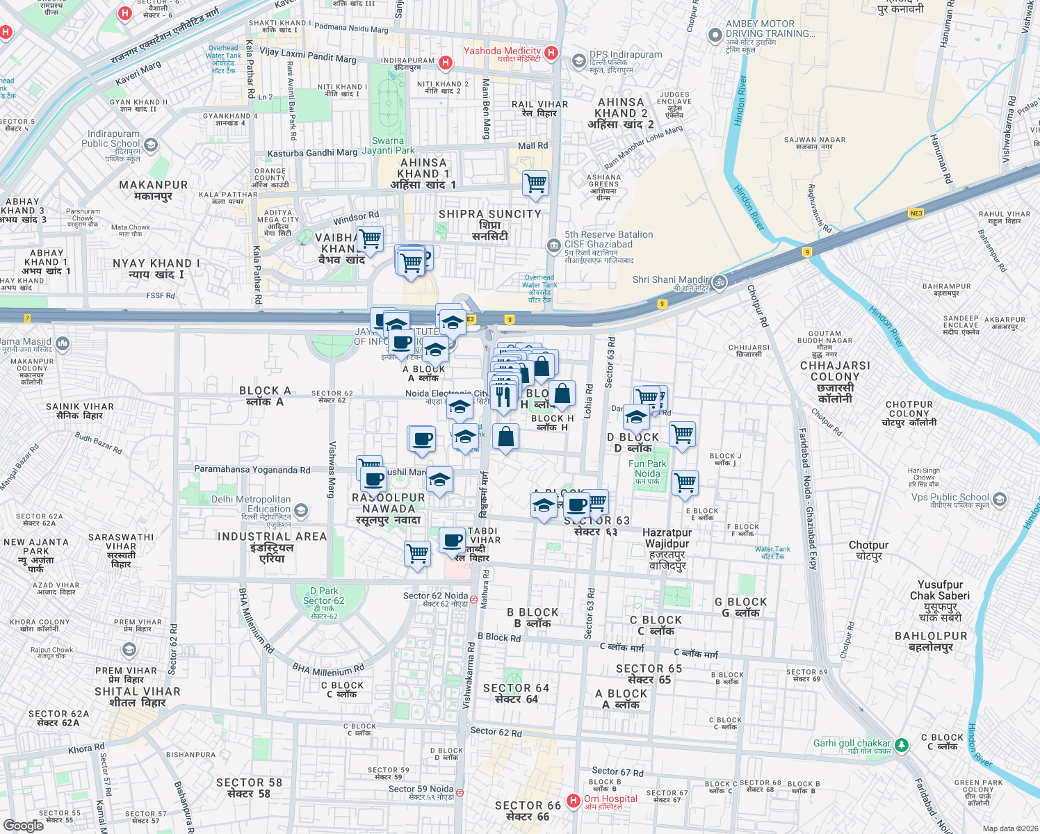 map of restaurants, bars, coffee shops, grocery stores, and more near in Noida