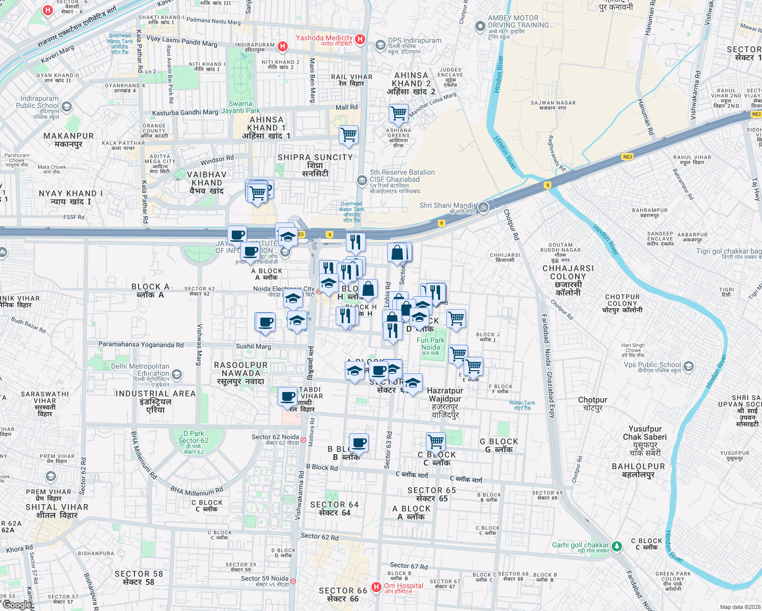 map of restaurants, bars, coffee shops, grocery stores, and more near Lohia Road in New Okhla Industrial Development Area