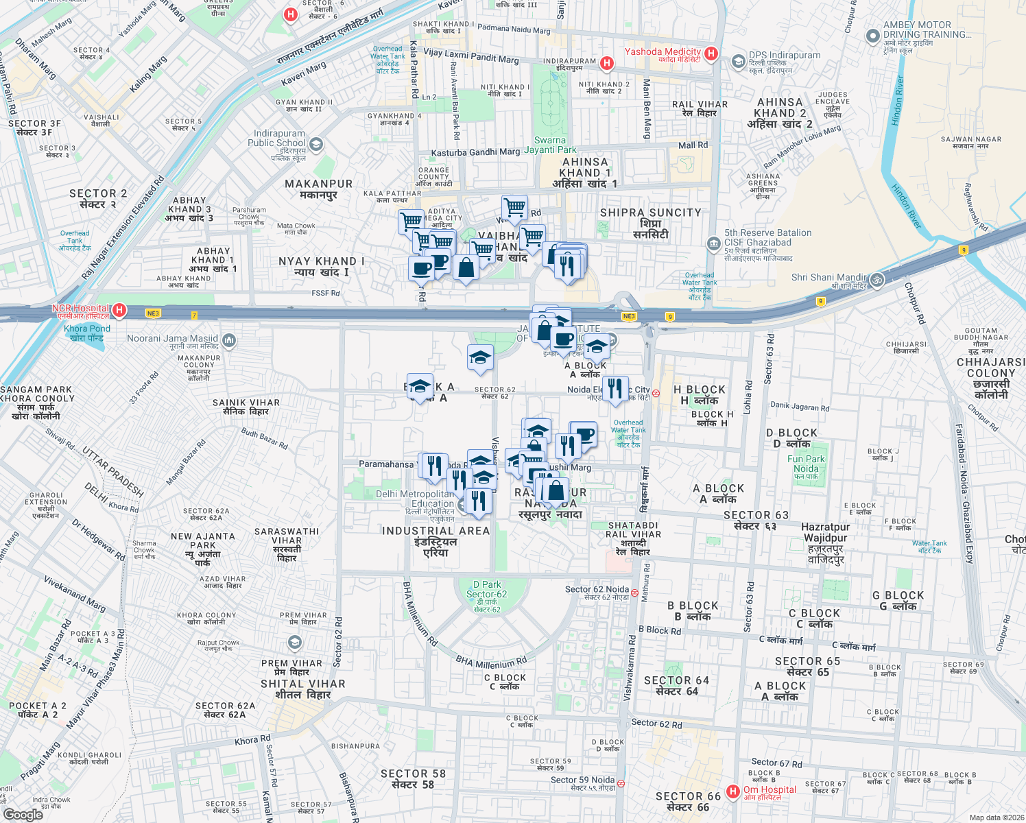 map of restaurants, bars, coffee shops, grocery stores, and more near in Noida