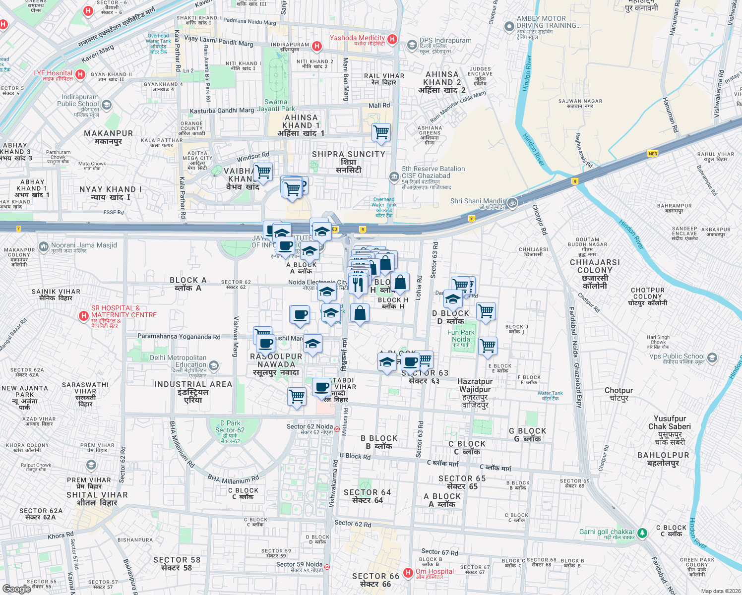 map of restaurants, bars, coffee shops, grocery stores, and more near in Noida