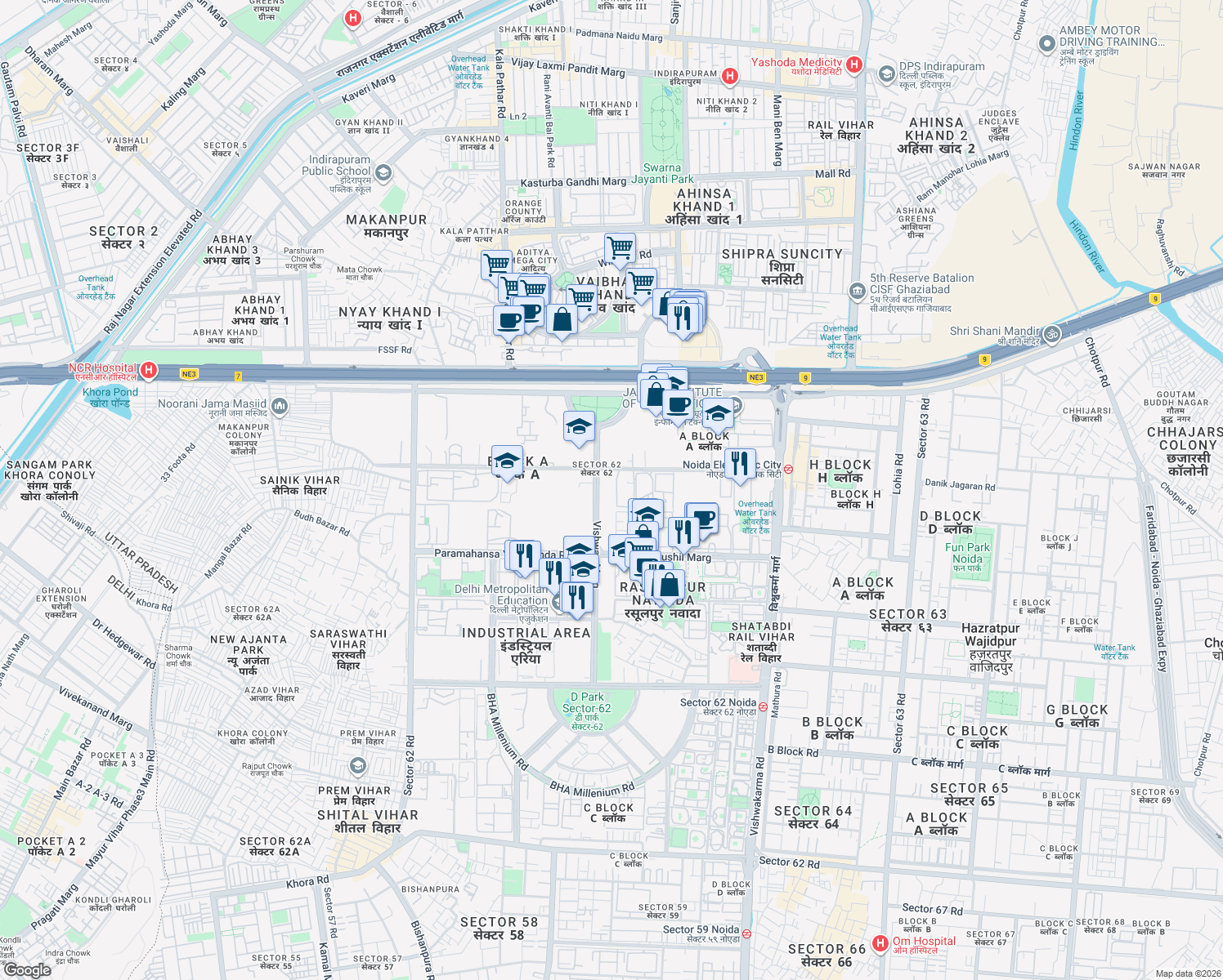 map of restaurants, bars, coffee shops, grocery stores, and more near in Noida