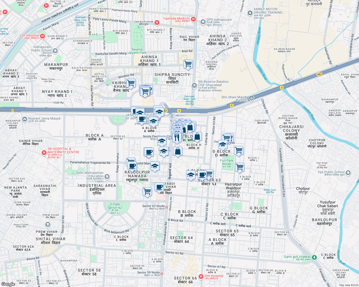 map of restaurants, bars, coffee shops, grocery stores, and more near in Noida