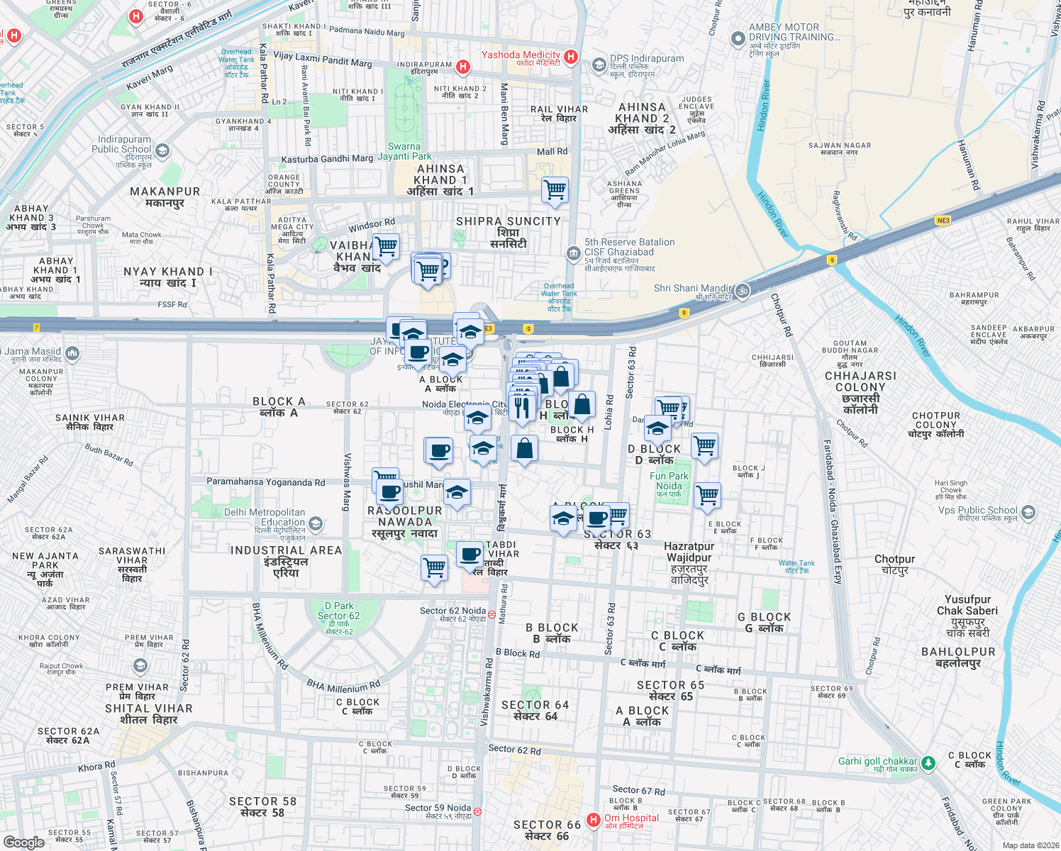 map of restaurants, bars, coffee shops, grocery stores, and more near in Noida