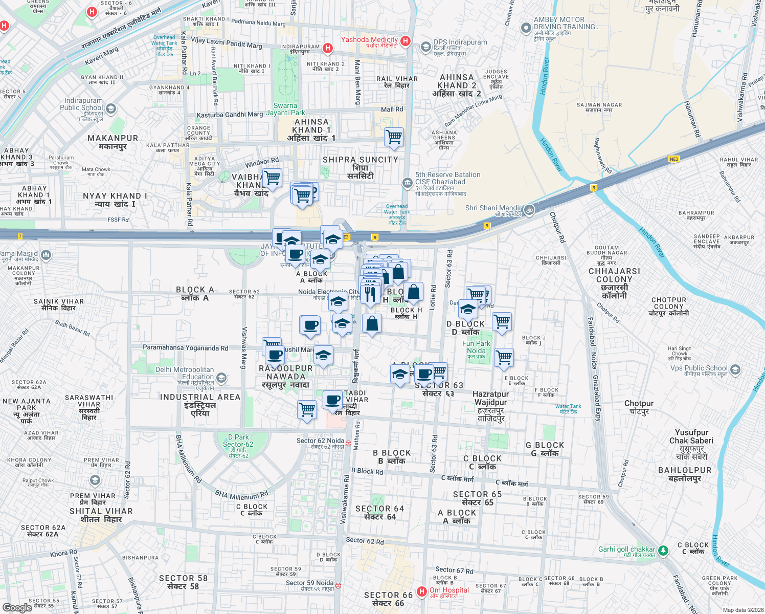 map of restaurants, bars, coffee shops, grocery stores, and more near in Noida