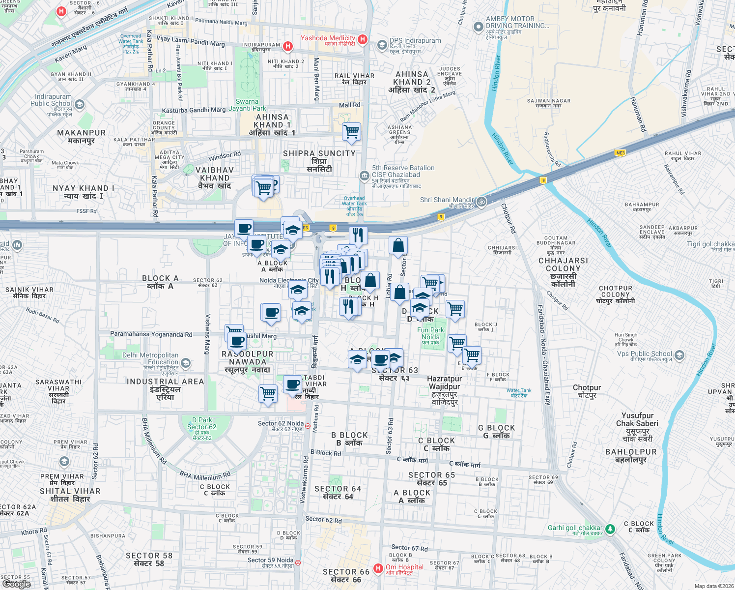 map of restaurants, bars, coffee shops, grocery stores, and more near in Noida