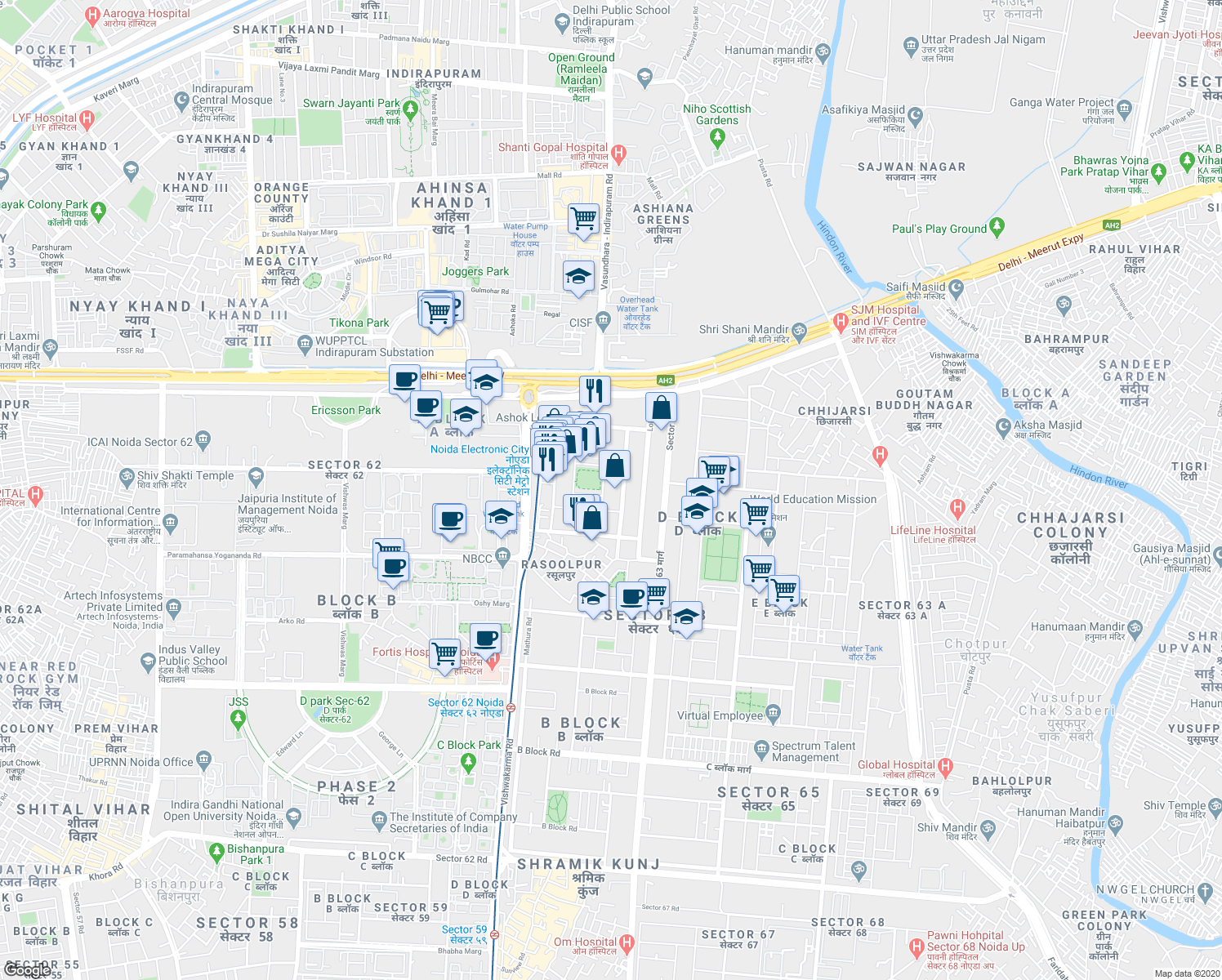 map of restaurants, bars, coffee shops, grocery stores, and more near in Noida
