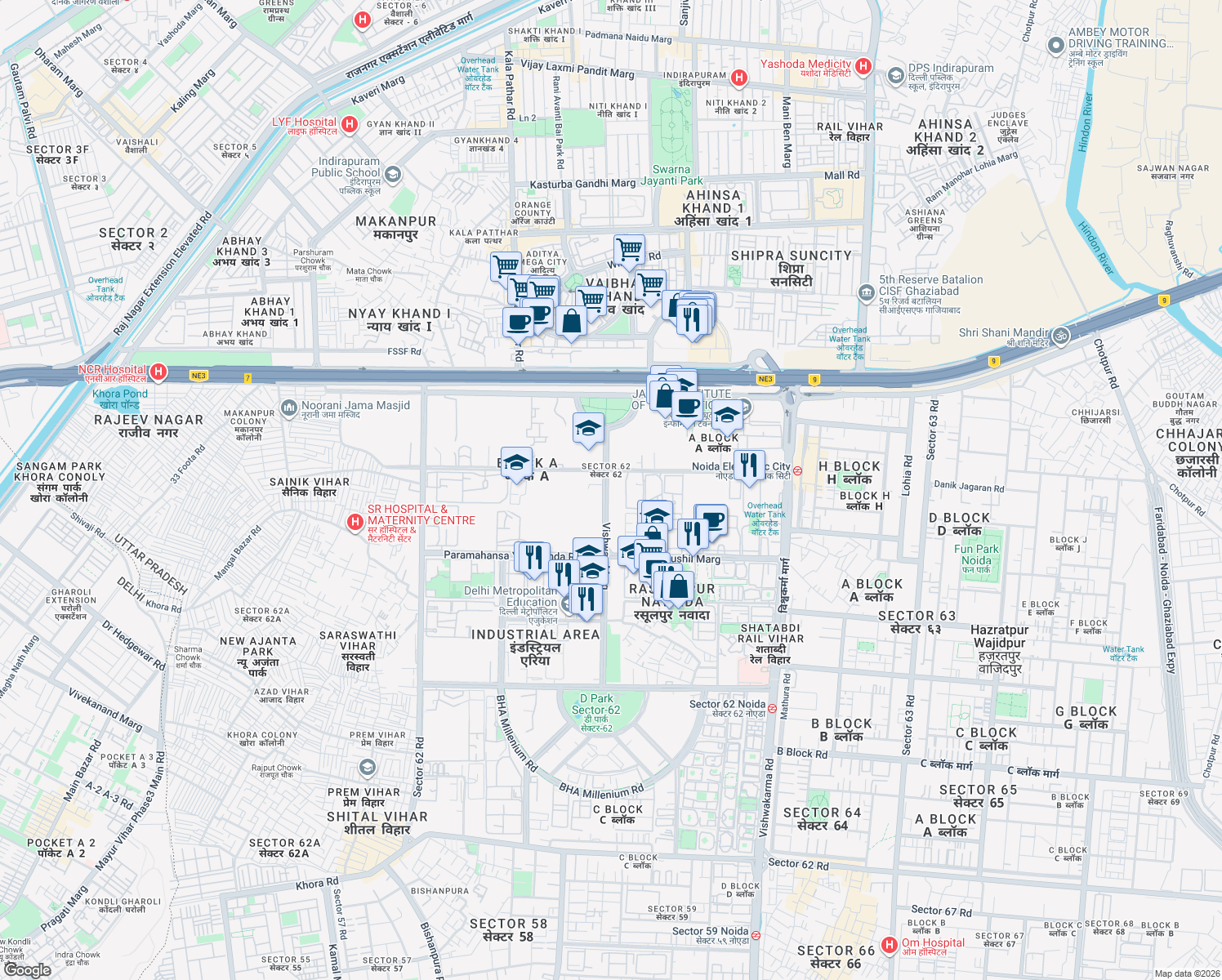 map of restaurants, bars, coffee shops, grocery stores, and more near in Noida