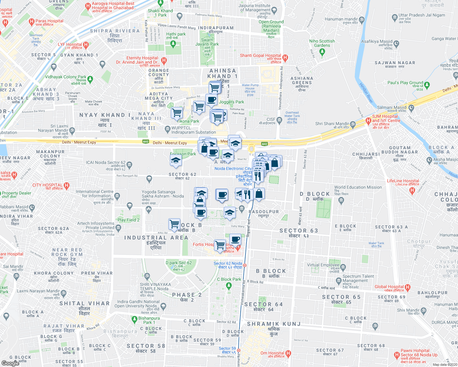 map of restaurants, bars, coffee shops, grocery stores, and more near in Noida