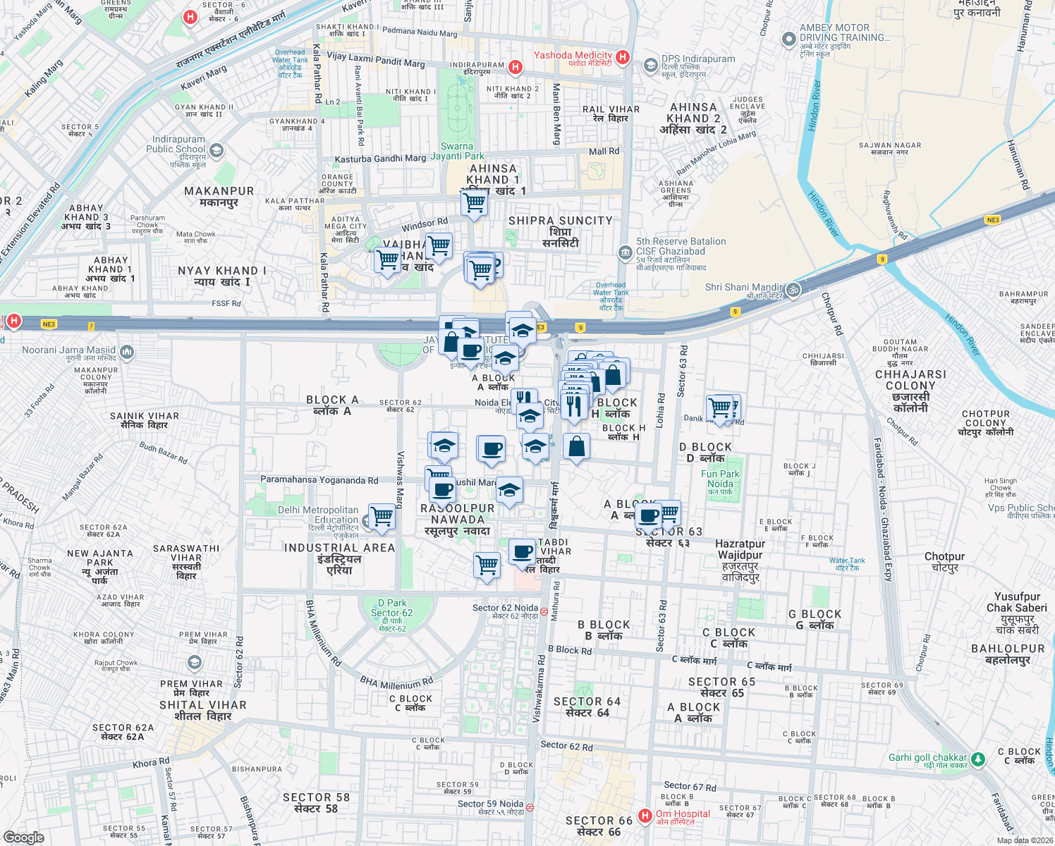 map of restaurants, bars, coffee shops, grocery stores, and more near in Noida