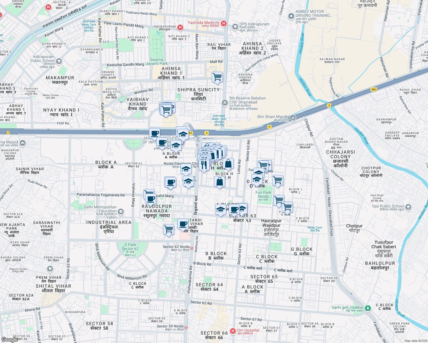 map of restaurants, bars, coffee shops, grocery stores, and more near Unnamed Road in Noida