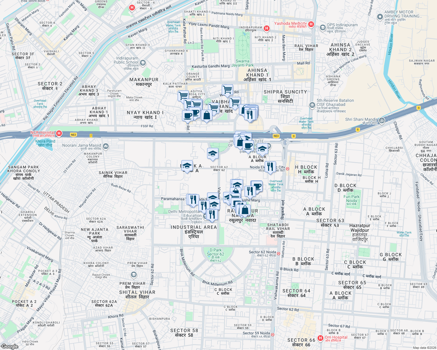 map of restaurants, bars, coffee shops, grocery stores, and more near in Noida