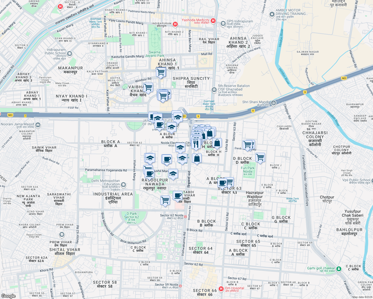 map of restaurants, bars, coffee shops, grocery stores, and more near in Noida