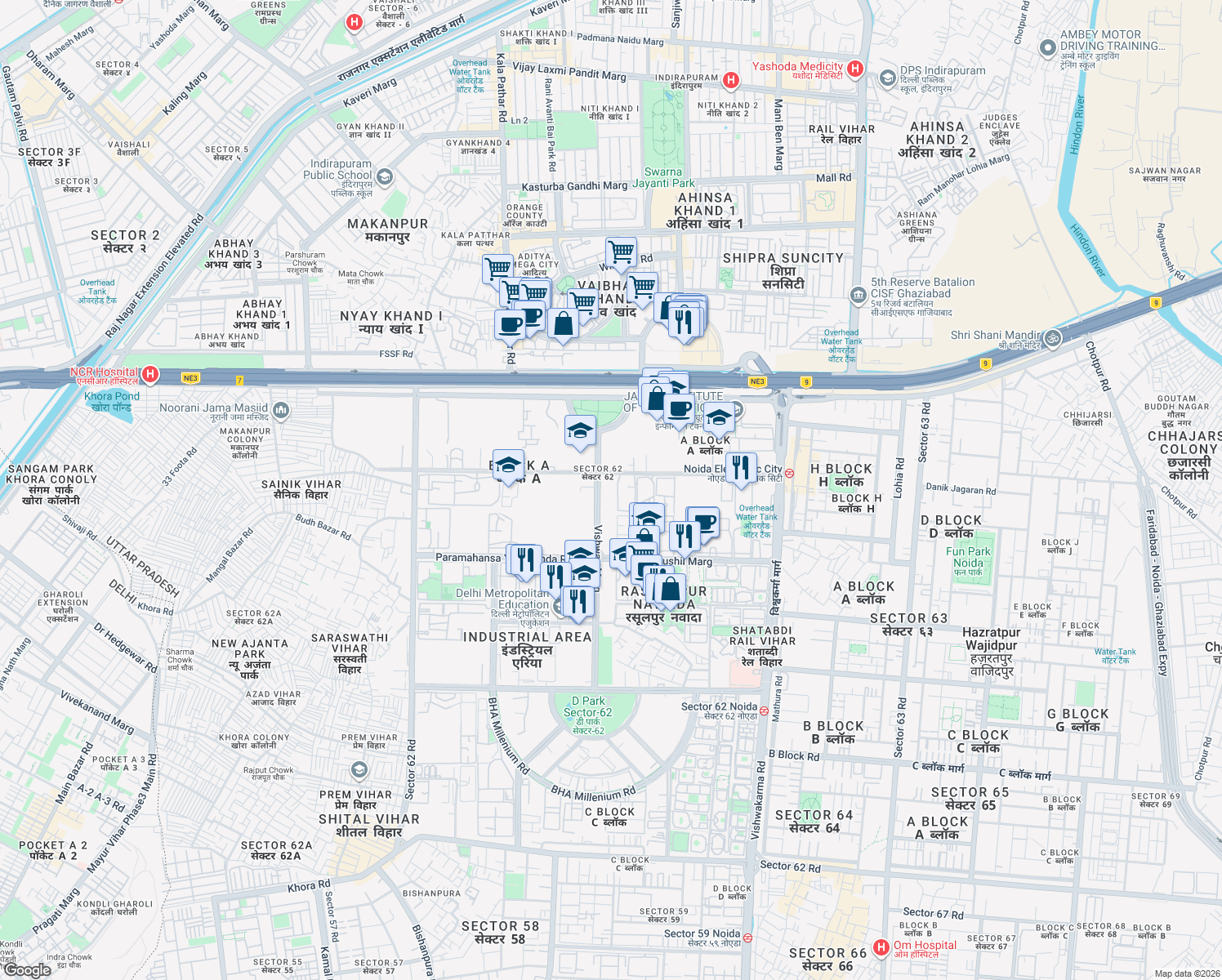 map of restaurants, bars, coffee shops, grocery stores, and more near in Noida