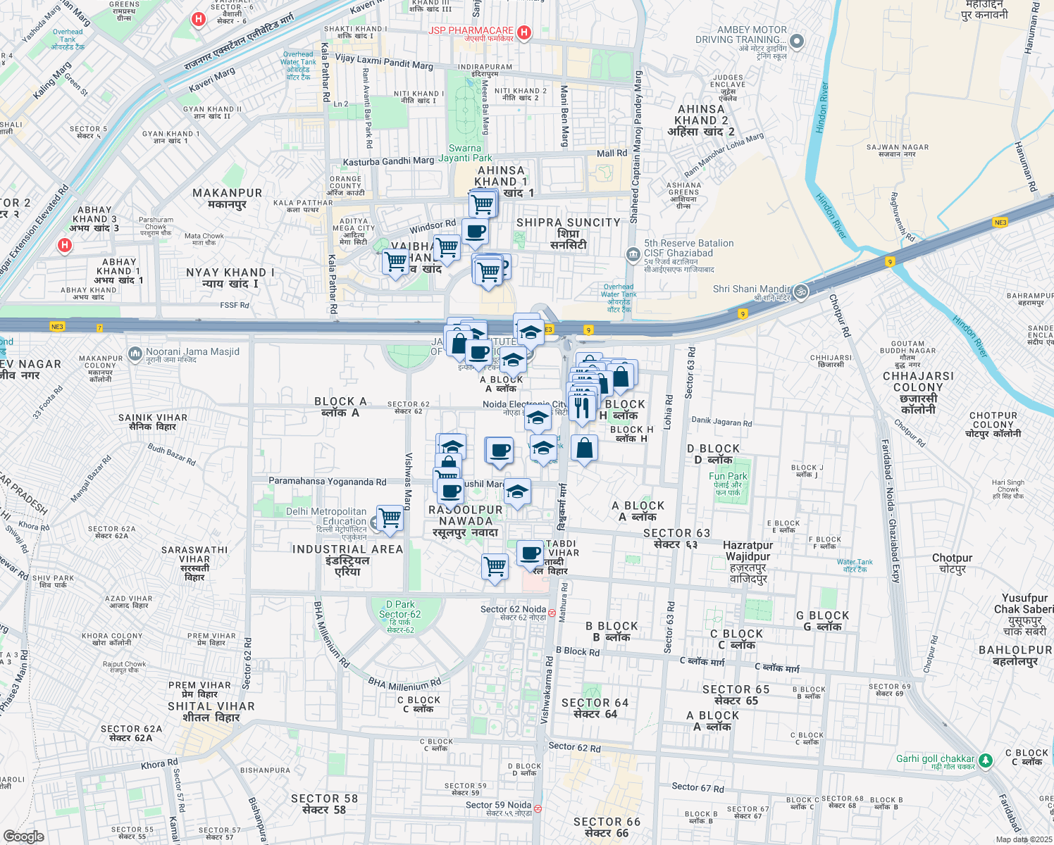 map of restaurants, bars, coffee shops, grocery stores, and more near in Noida