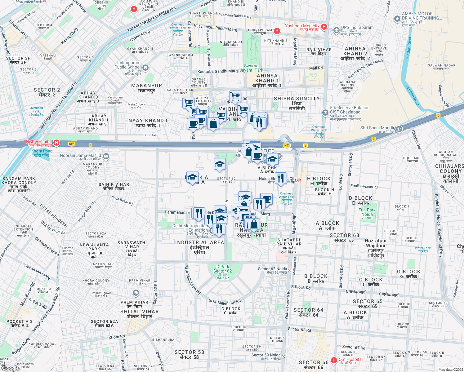 map of restaurants, bars, coffee shops, grocery stores, and more near in Noida